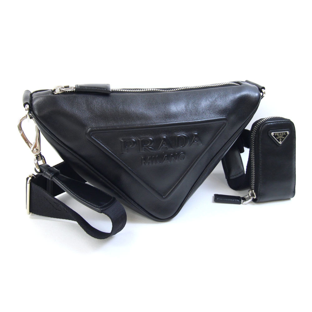 Prada Shoulder Bag 1BH190 Black Leather Triangle Pochette Crossbody for Women...